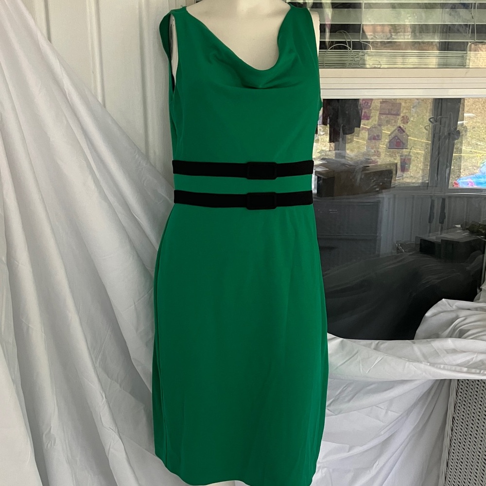 Vintage Green Midi Dress with Black Belt Accents